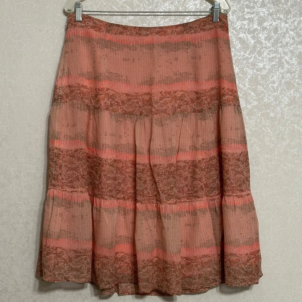Susan Bristol Vintage Silk Pink Snake Print Tiered Midi A-Line Skirt Lined Sz 12